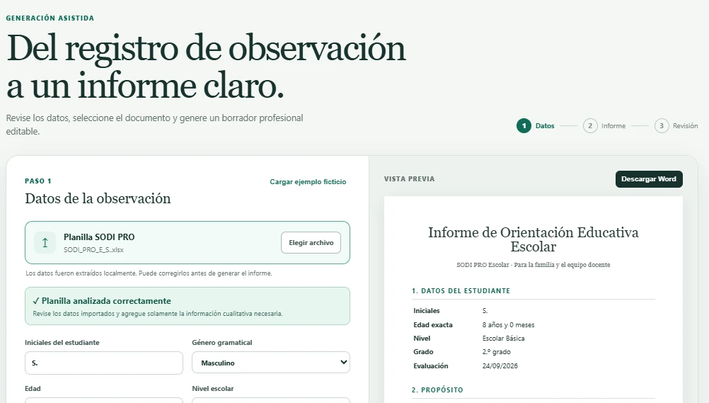 Captura real de SODI PRO IA con los datos de observación y una vista previa del informe